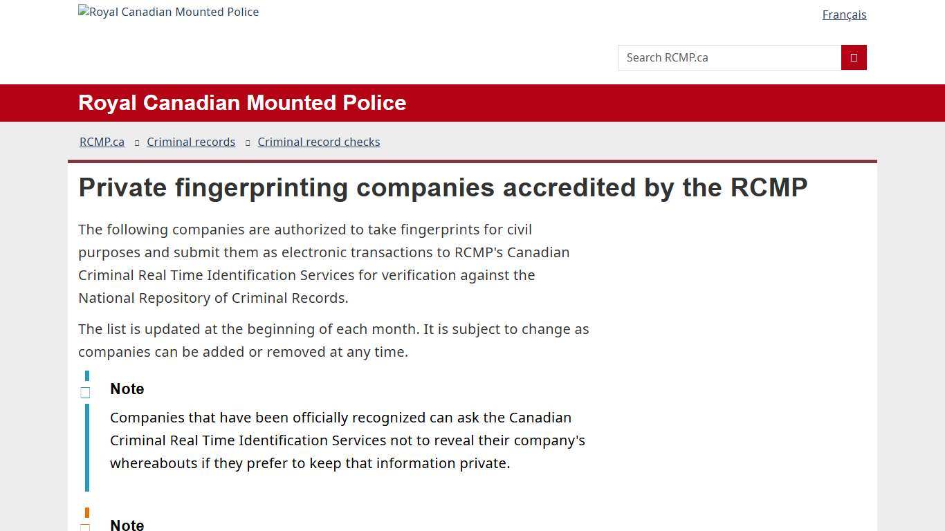Private fingerprinting companies accredited by the RCMP Royal Canadian Mounted Police